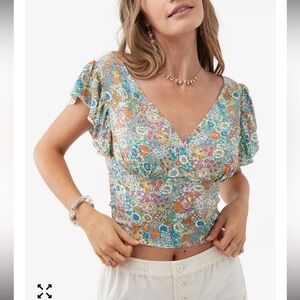 O'Neill Bonnie Floral Printed Flutter Sleeve Smocked-Back Top V-Neck Large
